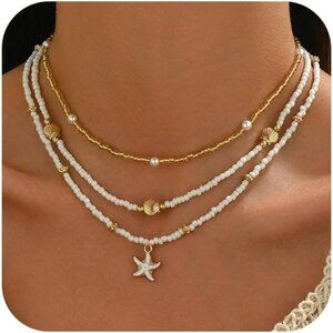 Shell Starfish Charm Necklace Set in 14k Gold - Perfect for Vacations